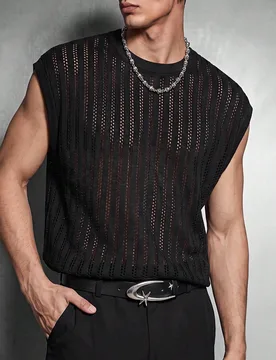 Camiseta de tirantes holgada de malla de unicolor casual de verano para hombres, vacaciones S - Shein - FashionsVida