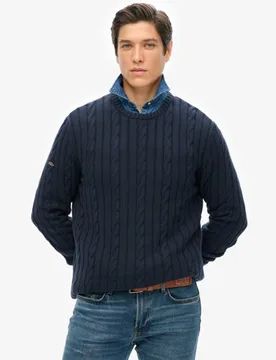 Superdry Herren Zopfstrickpullover aus Baumwolle mit Rundhalsausschnitt Marineblau - Größe: S - 79.99 - FashionsVida