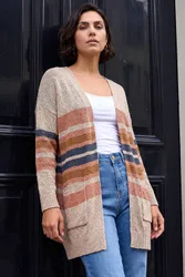 Women's Stripe Knit Longline Cardigan Sweater in Camel Size: 20 - Camel - Size: 20