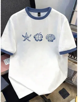 Camiseta casual de hombre con parches de patrones de concha, estrella de mar y flor de hibisco, adecuada para salidas de verano S - Shein - FashionsVida