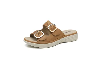 Women's Double Strap with Buckle Cushioned Mule Slippers Slide Sandals in Camel Size: 8 - Camel - Size: 8