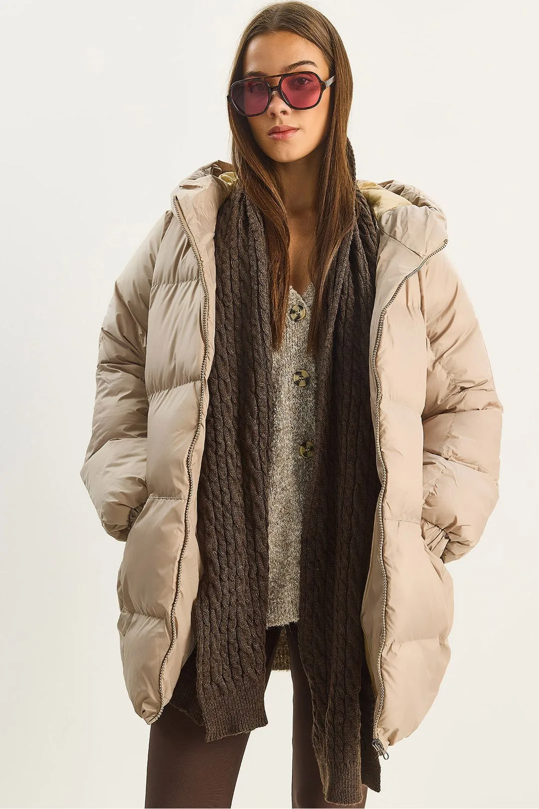 Womens Hooded Oversized Thick Puffer Jacket - Beige - Size Small/medium - Bianco Lucci - FashionsVida