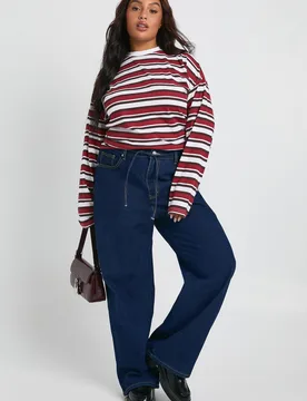 Womens Plus Elasticated Back Tie Drawstring Straight Leg Jean - Indigo Blue Cotton - Size 20 Uk - Boohoo - FashionsVida