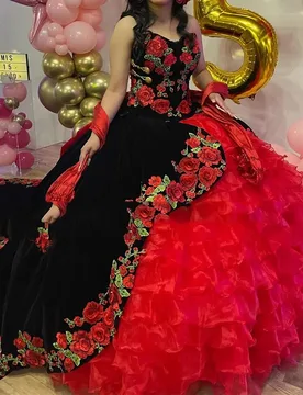 Red Black Embroidery Quinceanera Dresses MexicanSweet 16 Birthday Dress Tull Ruffle Vestidos 15 De Xv Años - Aliexpress - FashionsVida