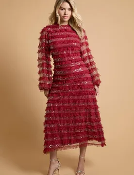 Women's Long Sleeve Printed Mesh Midi Dress in Dark Cherry Size: 10 - Dark Cherry - Size: 10 - OASIS - FashionsVida