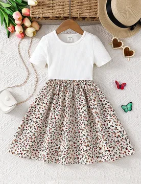 Vestido casual de niña con parches de punto de unicolor y dobladillo floral 5Y - Shein - FashionsVida