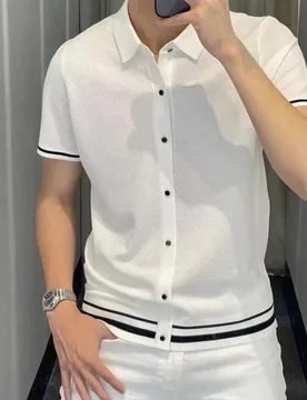 Light Luxury Fashion Solid Color Montage Stripe Lapel Slim Appear Thin Business Casual Polo Men's Short Sleeved Summer 2024 - Aliexpress - FashionsVida