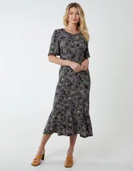 Angel Sleeve Tiered Midi Dress - 10 / BLACK - female