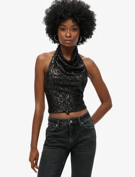 Superdry Damen Schwarz Neckholder-Oberteil mit Wasserfallausschnitt und Pailletten, Größe: 44 - 79.99 - FashionsVida