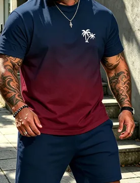 Conjunto de 2 piezas de talla grande: Camiseta con logo de palmera + Pantalones cortos azul marino, Estilo casual de calle estadounidense para vacacio - Shein - FashionsVida