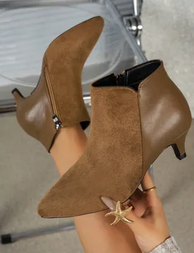 Botines de tobillo para mujer de otoño e invierno, color marrón, con diseño de empalme, punta fina, cremallera lateral, tacón fino elegante y cóm - Shein - FashionsVida