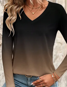 Camiseta casual con diseño degradado de cuello en V, camisetas gráficas de primavera/otoño para mujer M - Shein - FashionsVida