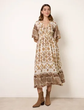 V Neck Border Print Dress - S / BROWN - female - Blue Vanilla - FashionsVida