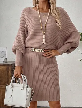 Vestido de suéter de punto acanalado con mangas de farol de unicolor para mujer, ropa de otoño, elegante y casual, atuendos de maestra, brunch, malv - Shein - FashionsVida