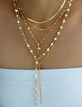 Set de 5 piezas de collar con colgante de cruz minimalista de moda, collar en Y con perlas falsas, tono dorado, versátil para mujeres, adecuado para - Shein - FashionsVida