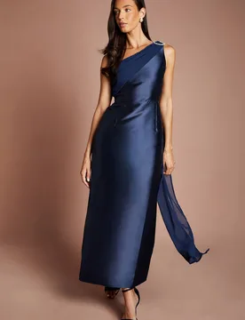 Women's One Shoulder Twill Gown With Diamante Brooch in Navy Size: 8 - Navy - Size: 8 - Coast - FashionsVida