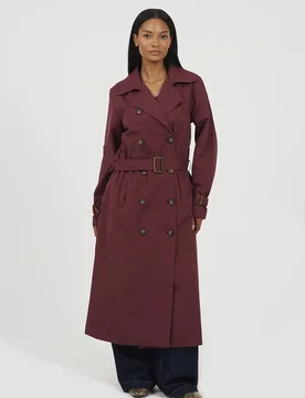 Women's Double-Breasted Longline Trench Coat in Burgundy Size: 14 - Burgundy - Size: 14 - Brave soul - FashionsVida