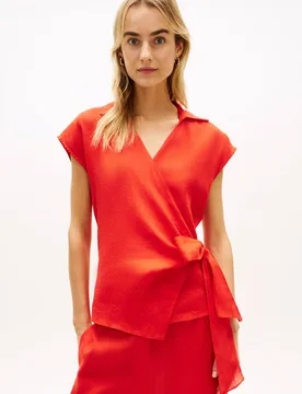 Pure Linen Knot Front Blouse Red female - Tommy hilfiger - FashionsVida