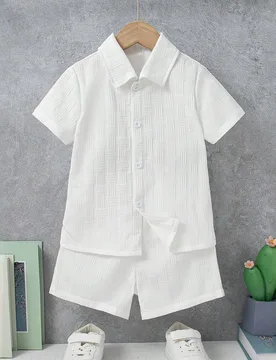 Set de 2 piezas de top de manga corta y pantalones cortos de unicolor con cuello vuelto casual para niños, ajuste regular, para verano 7Y - Shein - FashionsVida