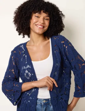 Crochet Tie Front Cardigan - M/L / NAVY - female - Blue Vanilla - FashionsVida