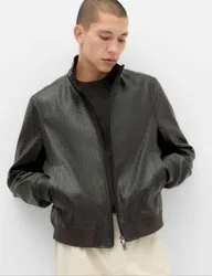 Faux Leather Textured Funnel Neck Jacket Dark Grey male