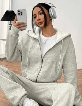 Conjunto de 2 piezas de sudadera con capucha y cordón y pantalones de unicolor para mujer M - Shein - FashionsVida