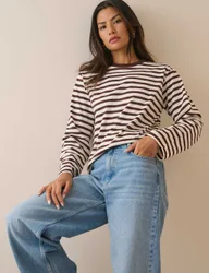 Pure Cotton Striped Relaxed Top Brown female
