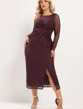Women's Brown Lace Side Twist Dress in Wine Size: 20 - Wine - Size: 20 - Yours - FashionsVida