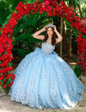 Blue Quinceanera Dresses off-shoulder Glitter Crystal Decal 3D Flower Long tail Bow Vestido De 15 Quinceanera Customize - Aliexpress - FashionsVida