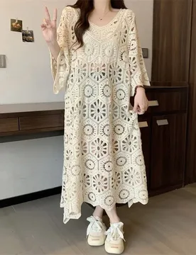 Summer Maxi Dress Plus Size Trendy Design Embroidery Crochet Three-quarter Sleeves Hollow-out Dress Women Beach Robe Dresses - Aliexpress - FashionsVida