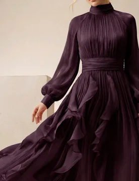 Vestido elegante de manga larga con cuello halter para mujer, nuevo para otoño/invierno, con cintura fruncida, ajuste estilizado, bajo ondulado brill - Shein - FashionsVida