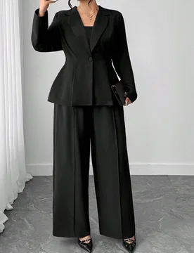 Conjunto de 2 piezas de blazer y pantalones de talla grande para mujer, con cuello de chal, elegante, adecuado para volver a la escuela, graduación, - Shein - FashionsVida
