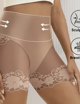 Pieza Ropa interior de mujer de cintura alta talla grande 0XL-4XL, suave y elástica, diseño elegante con empalme de encaje, ropa interior ligera par - Shein - FashionsVida