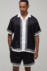 Herren Übergroßes Kurzärmeliges Satin-Hemd Und Shorts-Set Mit Doppeltem Bordürendruck Black Größe Small