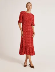 Polka Dot Round Neck Midi Tea Dress Red Mix female