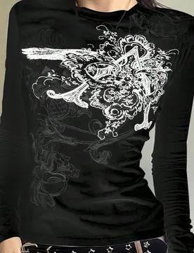 Camiseta de manga larga de corte ajustado con cuello redondo, estampado vintage de unicolor, para mujer, color negro, primavera XL - Shein - FashionsVida