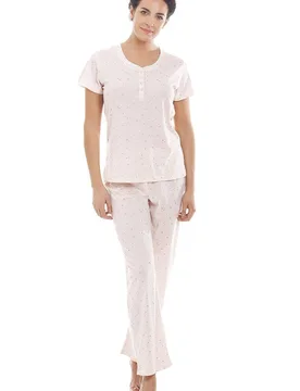 Women's Glitter Heart Print Lightweight Pyjama Set in Pale Pink Size: 10-12 - Pale Pink - Size: 10-12 - Camille - FashionsVida