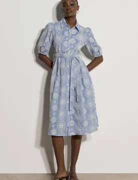 Women's Broderie Anglaise Shirt Midi Dress in Blue Size: 8 - Blue - Size: 8 - Apricot - FashionsVida