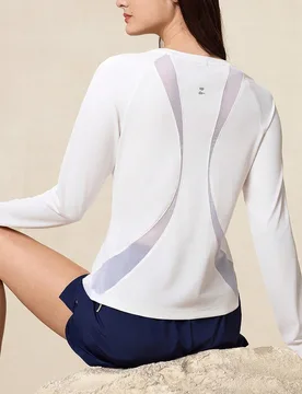Camiseta de manga larga de mujer para exteriores, de color blanco sólido, para entrenamiento, gimnasio, running, de secado rápido, con protección U - Shein - FashionsVida