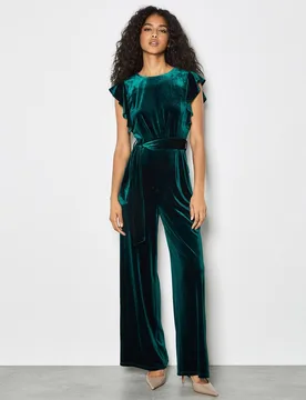 Women's Wide Leg Velvet Ruffle Jumpsuit in Green Size: 18 - Green - Size: 18 - Apricot - FashionsVida