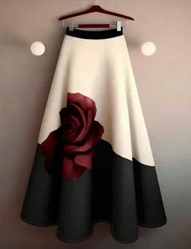 Falda larga acampanada casual romántica y elegante en blanco y negro para mujer con rosa 3D llamativa y tejido trenzado para boda, cena, cumpleaños - Shein - FashionsVida