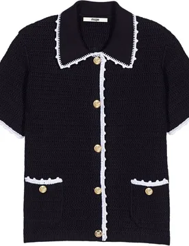 Cárdigan de punto de mujer con cuello polo, acabados festoneados y botones joya - Maje - FashionsVida