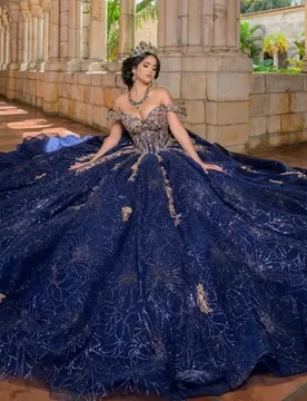 Shiny Dark Blue Quinceanera Dress off-shoulder gold Sequins Crystal Decal Long tail Bow Vestidos De 15 Quinceanera ﻿Customize - Aliexpress - FashionsVida