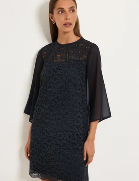 Womens Lace Ladder Trim Shift Dress - Navy Cotton - Size 12 Uk - Wallis - FashionsVida