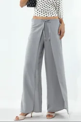 Womens Drawstring Waist Crepe Trousers With Tie Detail - Light Grey - Size Small