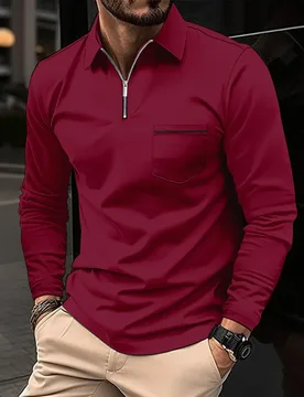 Casual Men's POLO Shirt Zipper Pocket Decorative Lapel Classic Trend Solid Color Comfortable High Quality Long Sleeve Tops - Aliexpress - FashionsVida