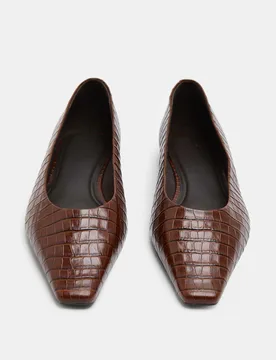Leather Croc Chisel Toe Flat Pumps Tan female - M&S - FashionsVida
