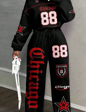 Conjunto informal de 2 piezas de estilo deportivo holgado para mujer, adecuado para otoño/invierno, con estampado del número 88 y de Chicago M - Shein - FashionsVida