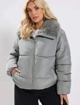 Women's Funnel Neck Padded Coat in Light Grey Size: 20 - Light Grey - Size: 20 - Yours - FashionsVida