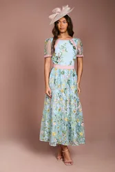 Women's Lace Trim Detail Embroidered Mesh Midi Dress in Yellow Size: 14 - Yellow - Size: 14